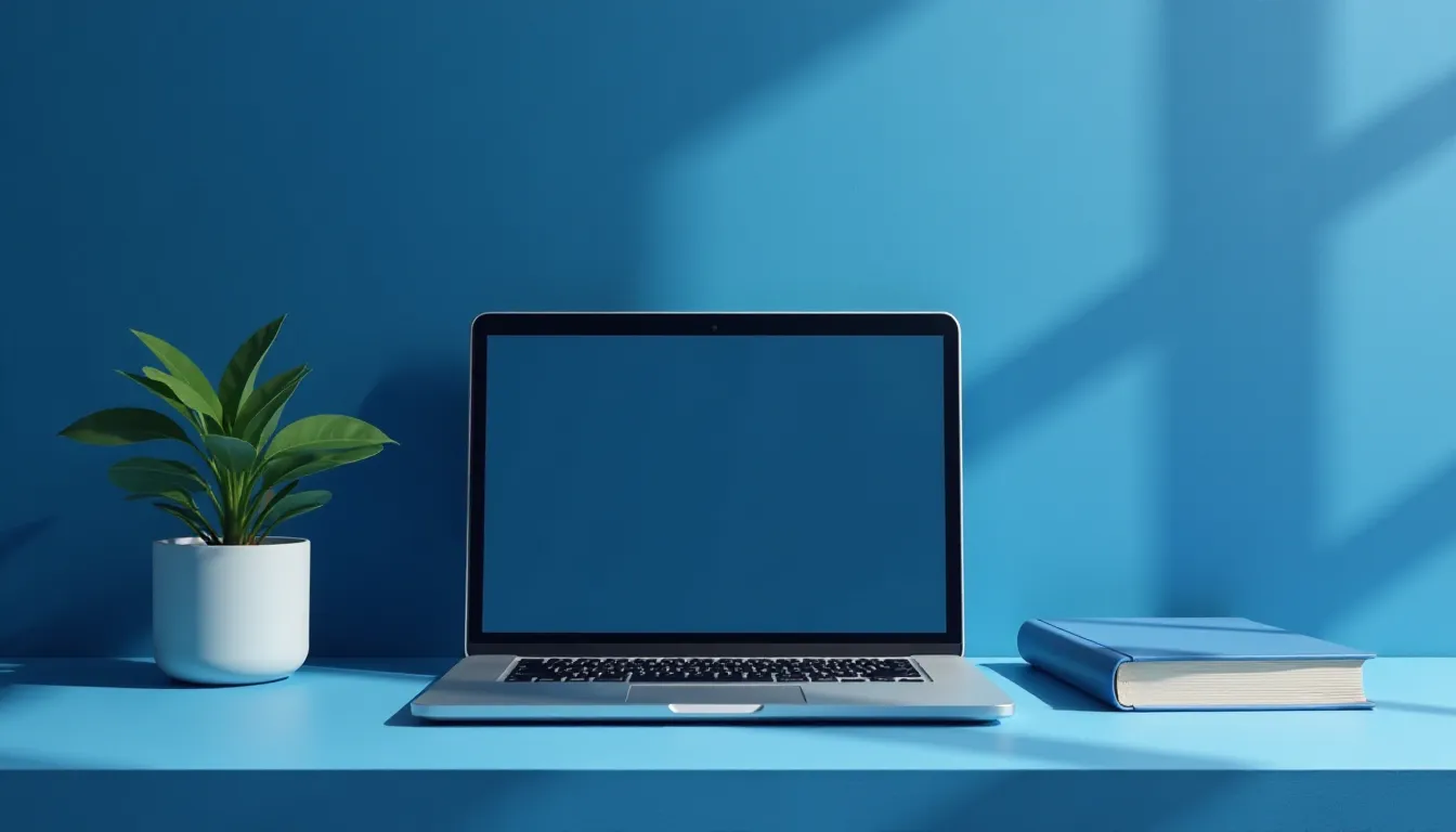 Laptop prateado com tela em branco sobre mesa azul, ao lado de um caderno azul e uma planta em vaso branco, em ambiente minimalista e moderno.