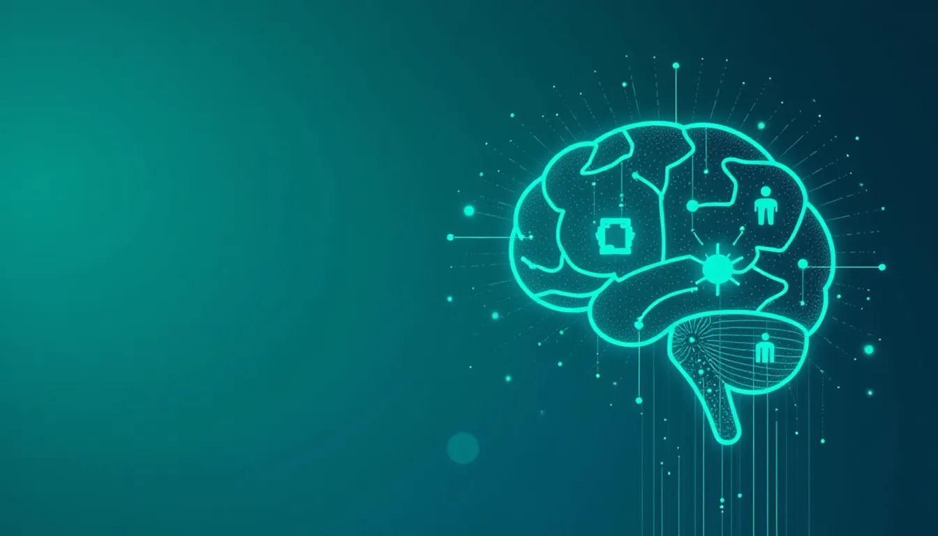 Cérebro digital iluminado em azul, representando a inteligência artificial, com ícones de pessoas e circuitos, simbolizando a interconexão entre tecnologia e mente humana.