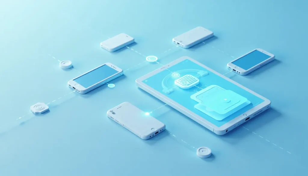 Imagem de dispositivos móveis conectados a um tablet, com elementos gráficos mostrando comunicação e transferência de dados em um fundo azul claro. A ilustração representa o conceito de tecnologia e conectividade entre dispositivos.
