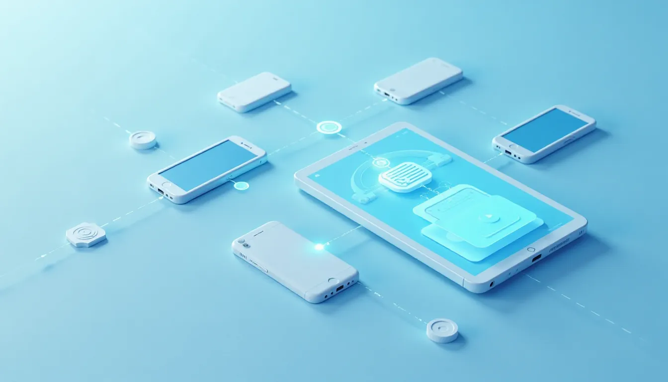 Imagem de dispositivos móveis conectados a um tablet, com elementos gráficos mostrando comunicação e transferência de dados em um fundo azul claro. A ilustração representa o conceito de tecnologia e conectividade entre dispositivos.