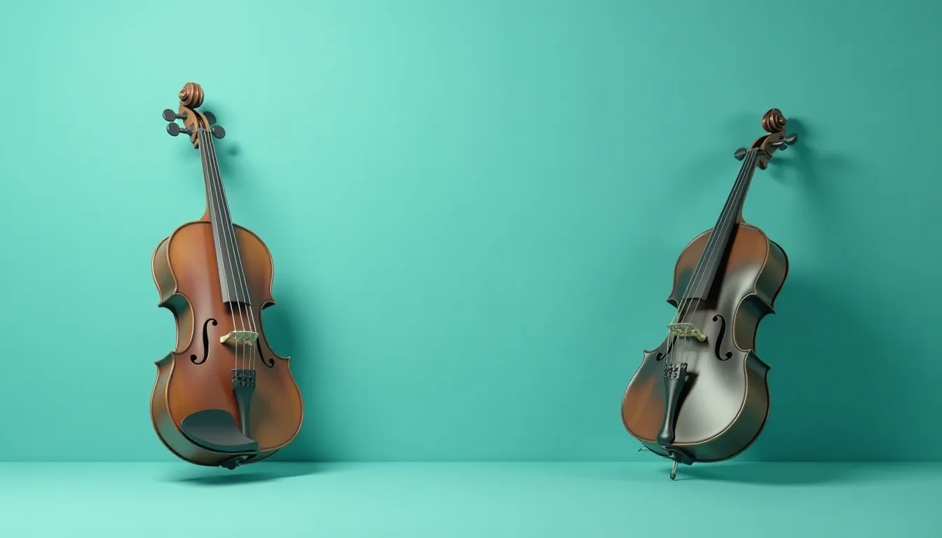 Duas violinos de madeira em pé sobre uma superfície turquoise, destacando o design clássico dos instrumentos de corda, com detalhes visíveis nas tarraxas e corpo das violinos.