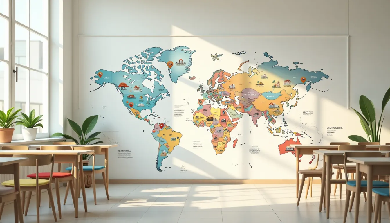 Mapa-múndi colorido em uma parede de sala de aula, destacando países e suas atrações turísticas, com mesas e cadeiras em um ambiente moderno e iluminado por luz natural.
