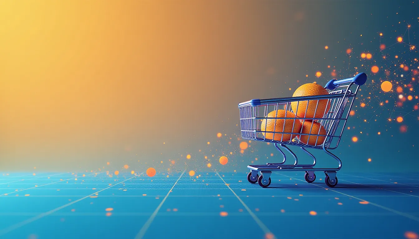 Carrinho de compras com laranjas em fundo colorido, simbolizando compras saudáveis e frescas.