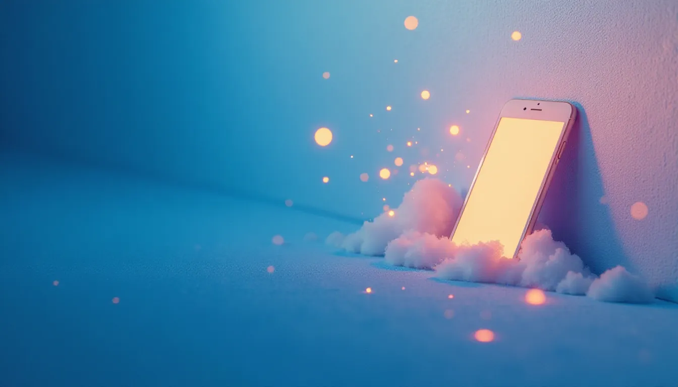 Smartphone iluminado em um fundo azul, cercado por nuvens brancas e partículas brilhantes. A imagem transmite uma atmosfera mágica e tecnológica, ideal para temas relacionados a inovação e gadgets.