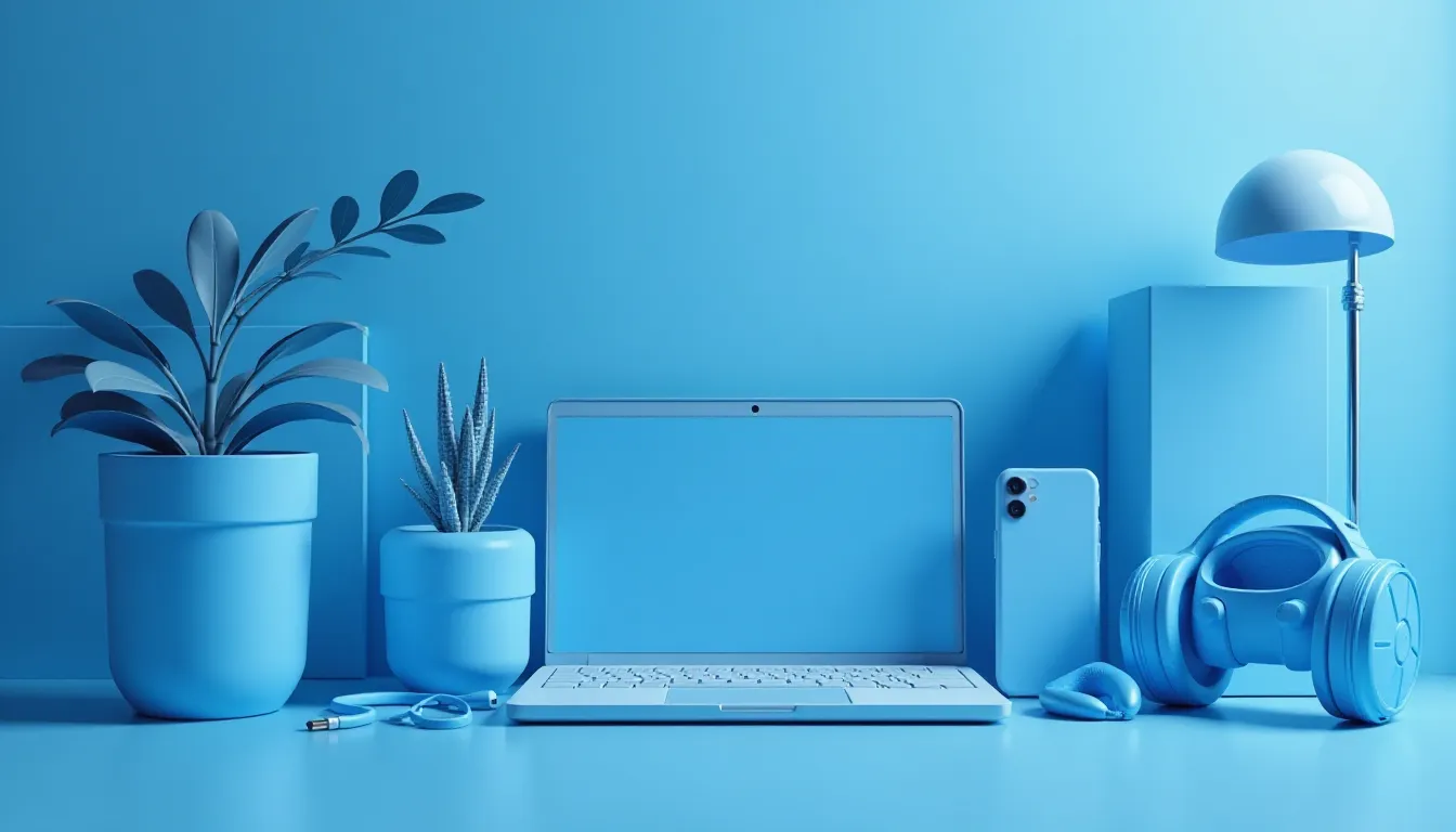 Ambiente de trabalho minimalista em tons de azul, com um laptop, celular, fones de ouvido, plantas em vasos azuis e uma luminária de mesa, criando uma atmosfera moderna e organizada.