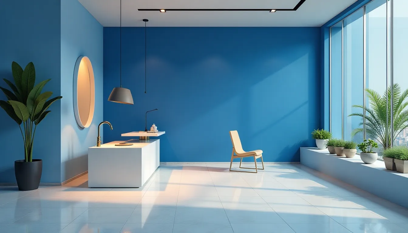 Ambiente moderno com parede azul, bancada branca e cadeira na sala, decorado com plantas em vasos e grandes janelas que oferecem vista e luz natural.