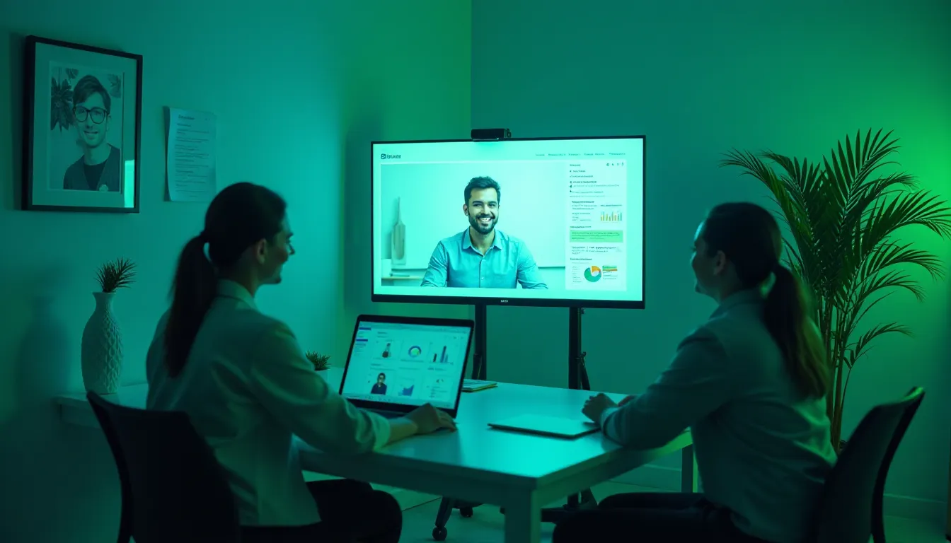 Reunião virtual em ambiente moderno, com duas mulheres assistindo a uma apresentação em um monitor grande, onde um homem está em vídeo, discutindo gráficos e dados. A sala é iluminada com luzes verdes e decorada com uma planta e quadros na parede.