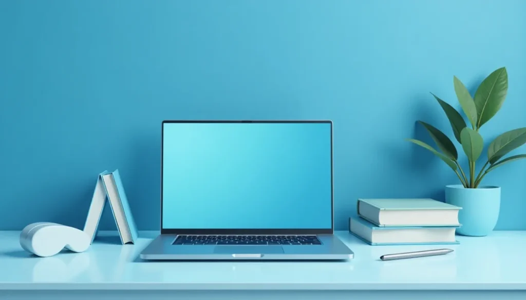 Mesa de trabalho minimalista com laptop aberto em um fundo azul, cercado por livros, caneta e planta decorativa. Ideal para ambientes de estudo ou home office.