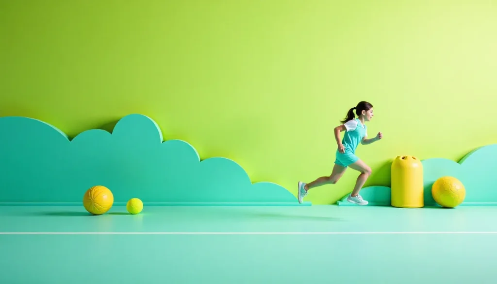 Menina correndo em um ambiente colorido com paredes verdes e elementos de jogo, como bolas amarelas, promovendo um estilo de vida ativo e saudável.