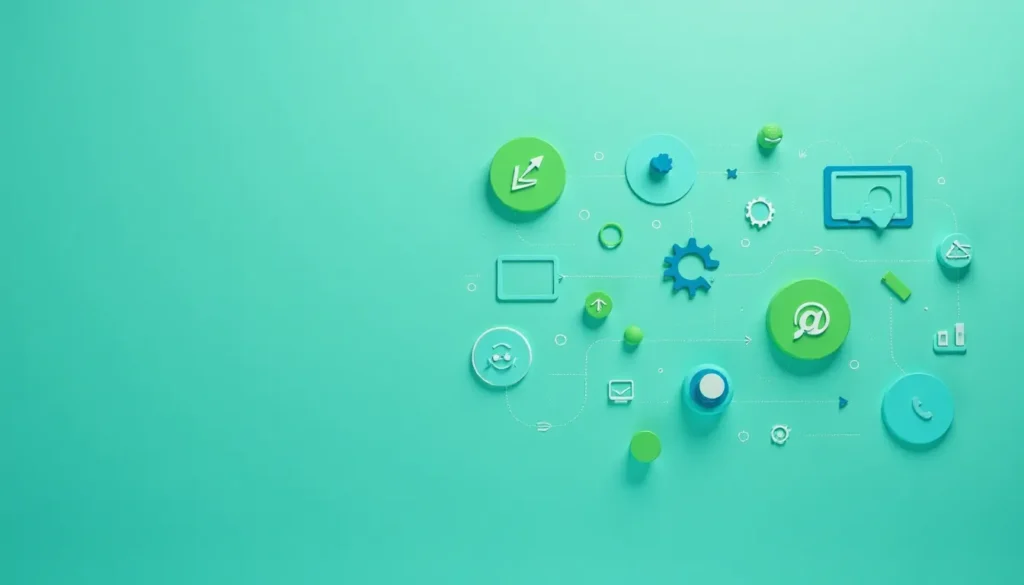 Conjunto de ícones coloridos em um fundo azul-turquesa, representando conceitos de tecnologia e comunicação, como gráfico de crescimento, engrenagens, e símbolos de mensagem e e-mail, ilustrando inovação digital e conectividade.