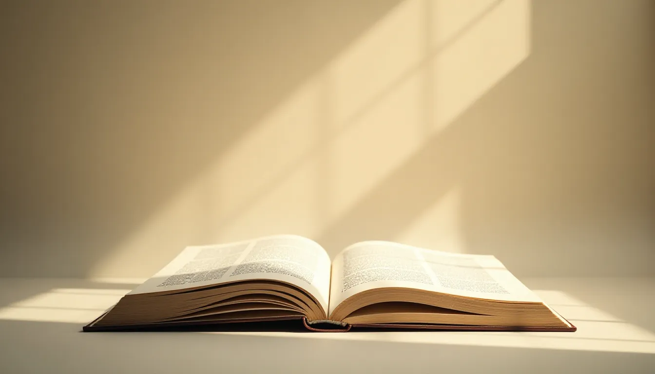Livro aberto em superfície clara com luz suave se projetando sobre as páginas, destacando o conteúdo impresso. Ideal para temas de leitura, educação e literatura.