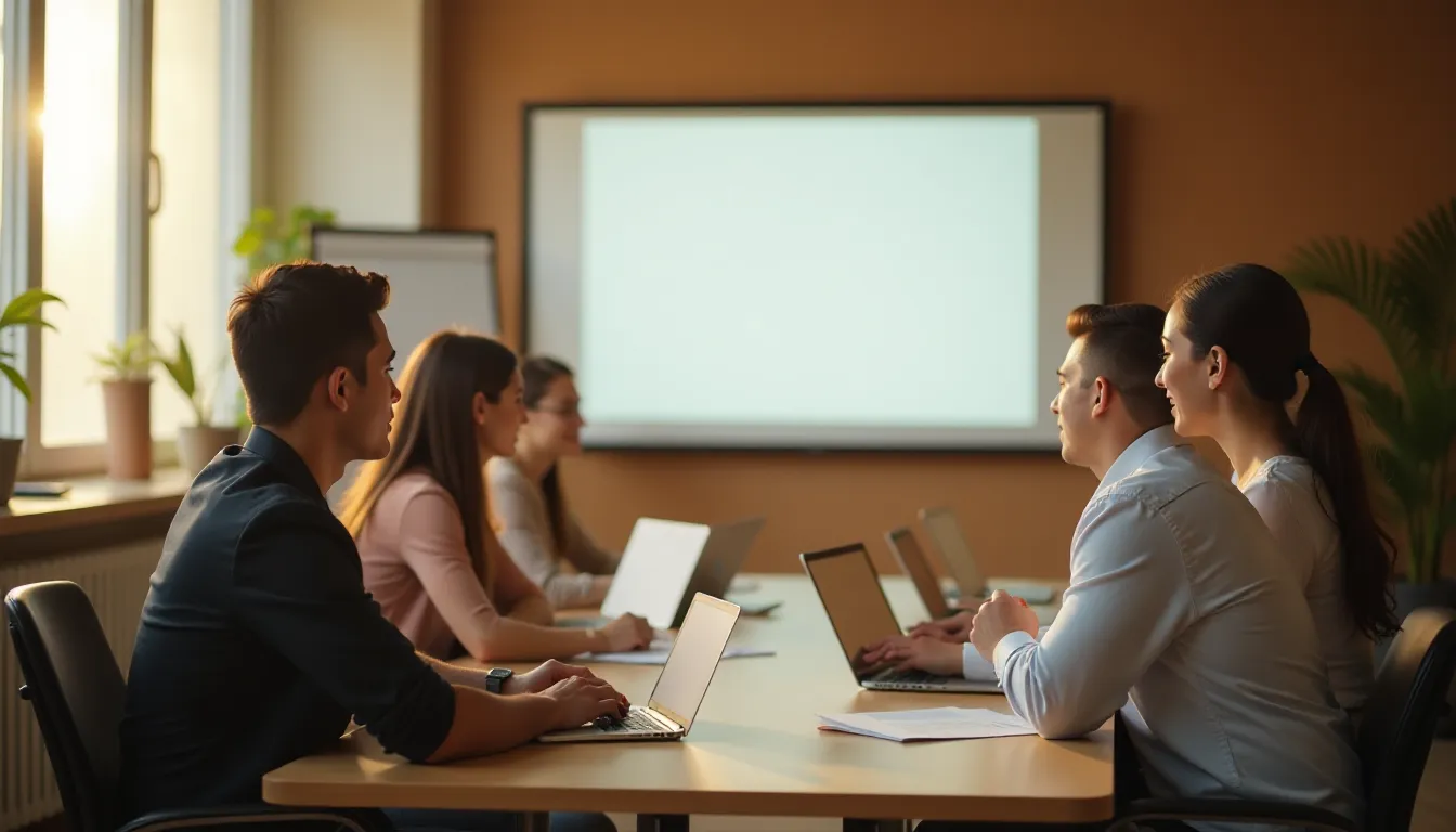 Grupo de profissionais em uma reunião em escritório moderno, usando laptops, com um projetor em branco ao fundo e luz natural entrando pela janela.