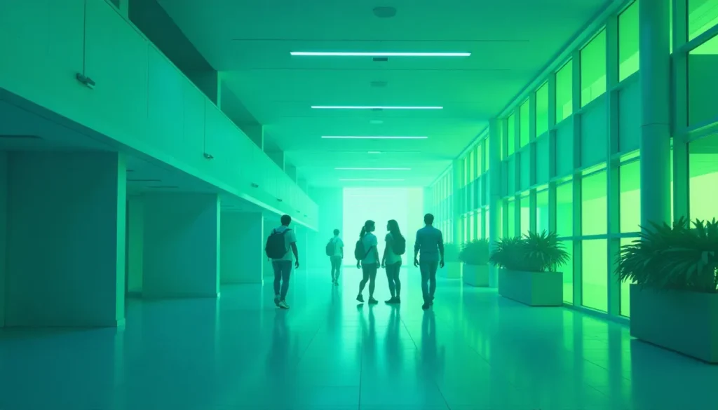 Grupo de pessoas caminhando em um corredor moderno com iluminação verde, rodeado por janelas grandes e plantas. O ambiente é minimalista e transmite uma sensação de tranquilidade e contemporaneidade.
