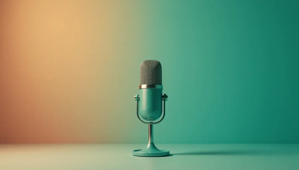 Microfone em pé sobre uma mesa, com fundo gradiente em tons de verde e laranja, ideal para gravações e podcasts.