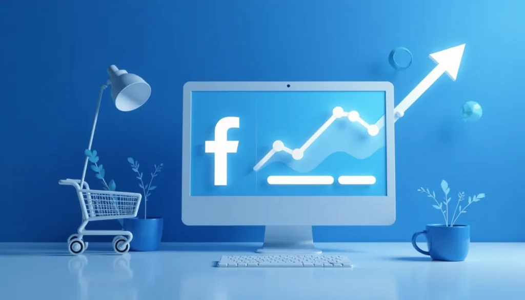 Computador com logotipo do Facebook exibindo gráfico ascendente em uma tela azul, rodeado por elementos decorativos como uma luminária, um carrinho de compras e vasos de plantas. Ideal para ilustrar marketing digital e crescimento de negócios online.