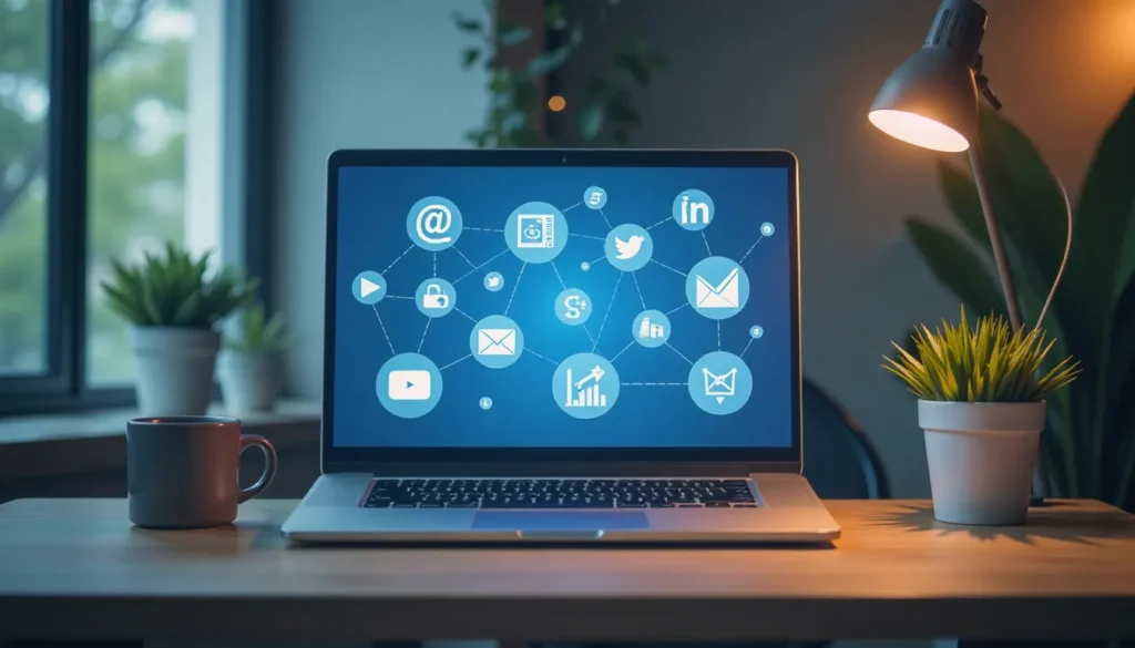 Laptop exibindo ícones de redes sociais e comunicação digital, como e-mail, YouTube e LinkedIn, em uma mesa iluminada com uma planta e uma caneca de café ao lado, simbolizando o trabalho remoto e a conexão digital.