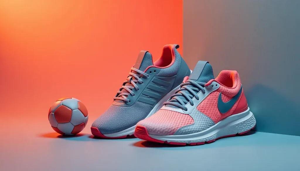 Tênis de corrida Nike em cores cinza e rosa, posicionados ao lado de uma bola de futebol, com fundo em tons vibrantes de laranja e azul. Ideal para praticantes de esportes e estilo ativo.