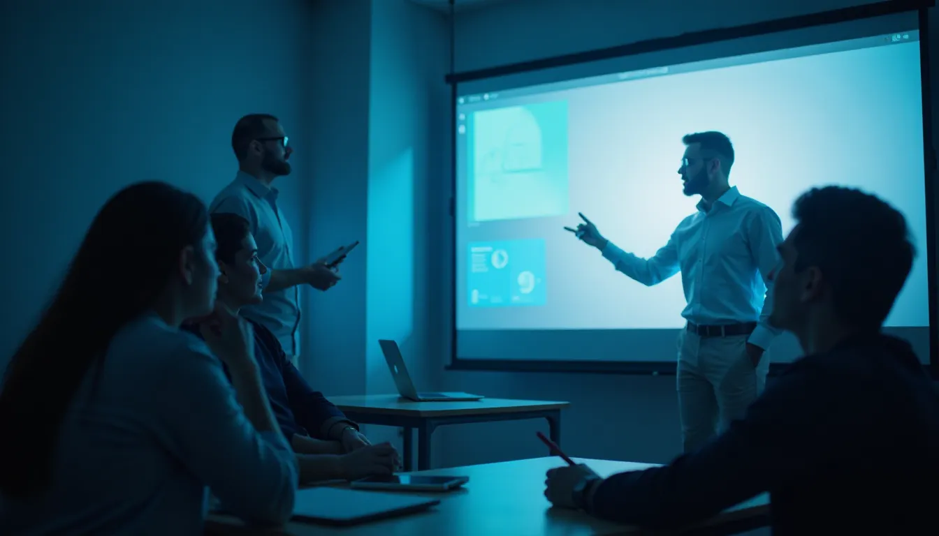 Apresentação em sala de reunião com um palestrante demonstrando informações em um projetor, enquanto cinco participantes atentos observam. O ambiente é iluminado de forma suave, criando uma atmosfera focada e profissional.