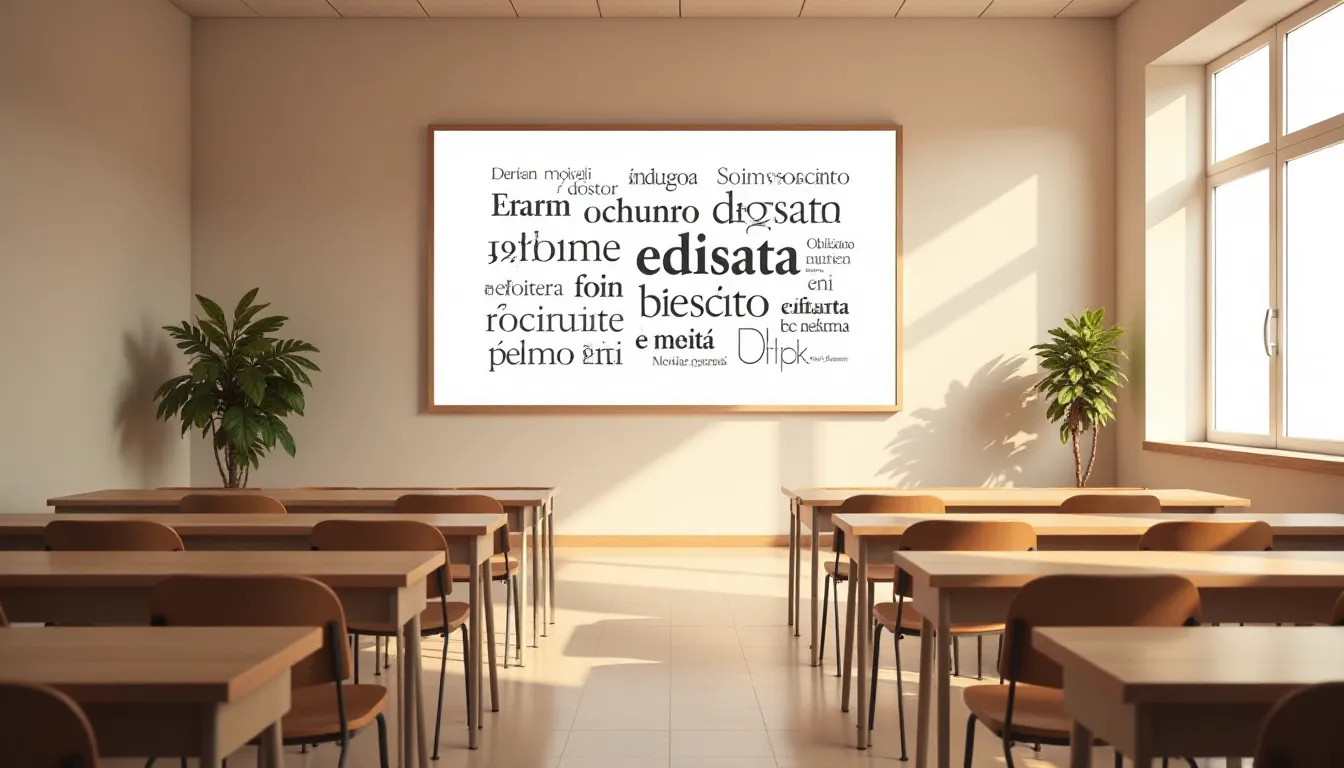 Sala de aula iluminada com mesas de madeira e cadeiras, apresentando um quadro na parede com várias palavras em diferentes fontes tipográficas. Uma planta decorativa está posicionada ao lado da janela.