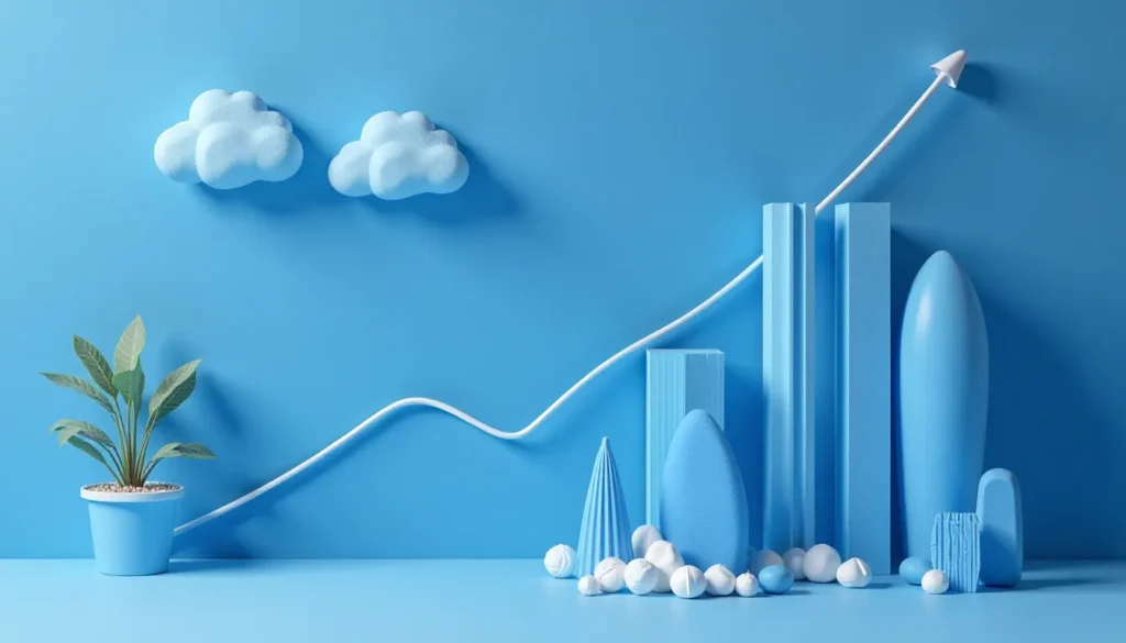 Composição artística em azul, apresentando nuvens, gráficos de tendência crescente e elementos decorativos como plantas e formas geométricas, simbolizando crescimento e criatividade.