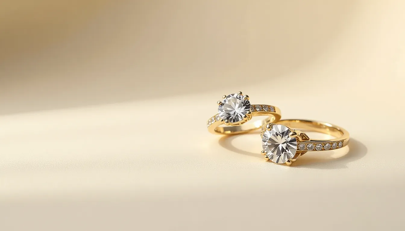 Dois anéis de ouro com diamantes, um com um grande diamante central e o outro com um design semelhante, exibindo brilho e elegância sobre um fundo claro.