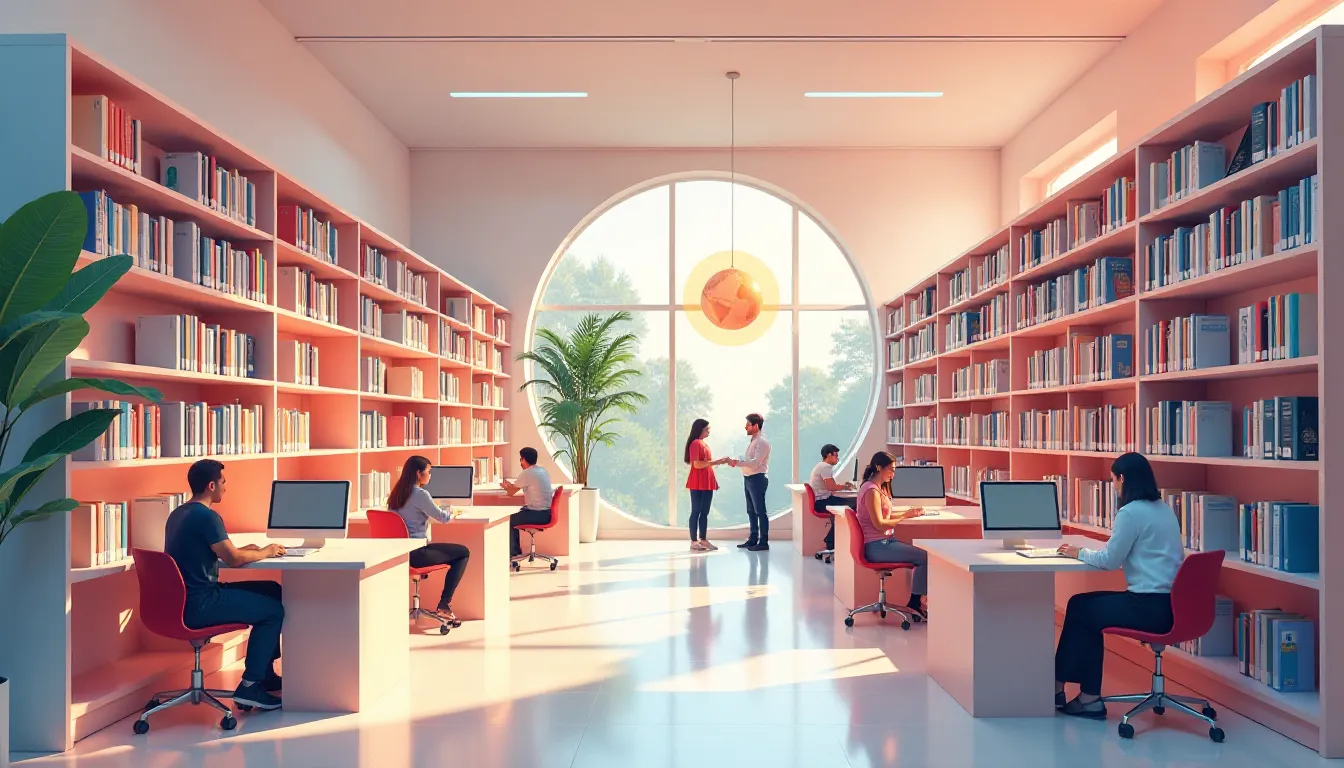 Interior de uma biblioteca moderna com estantes repletas de livros, mesas de estudo e pessoas utilizando computadores. A luz natural entra pela grande janela circular, criando um ambiente acolhedor. Algumas pessoas interagem enquanto outras estudam, mostrando um espaço dedicado ao aprendizado e à colaboração.