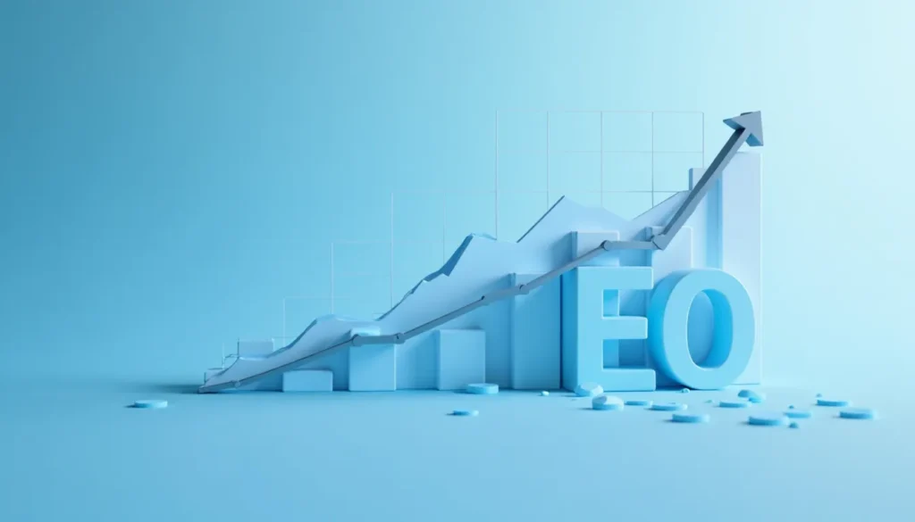 Gráfico de crescimento em tons de azul com a sigla "SEO" em destaque, simbolizando a importância da otimização para motores de busca no aumento de tráfego e visibilidade online.