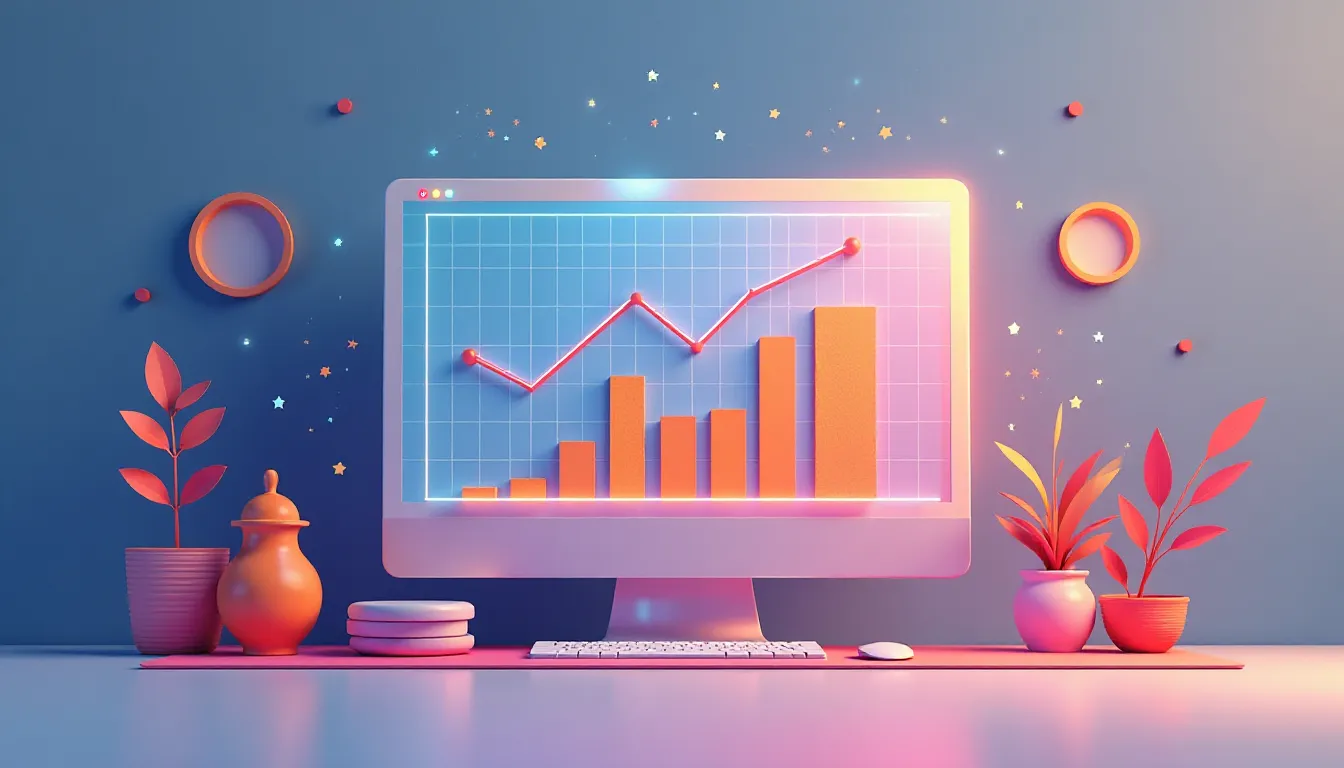 Computador com gráfico de crescimento em uma tela, representando dados de desempenho. O ambiente é decorado com plantas e objetos coloridos, criando uma atmosfera moderna e inspiradora para trabalho e análise de negócios.