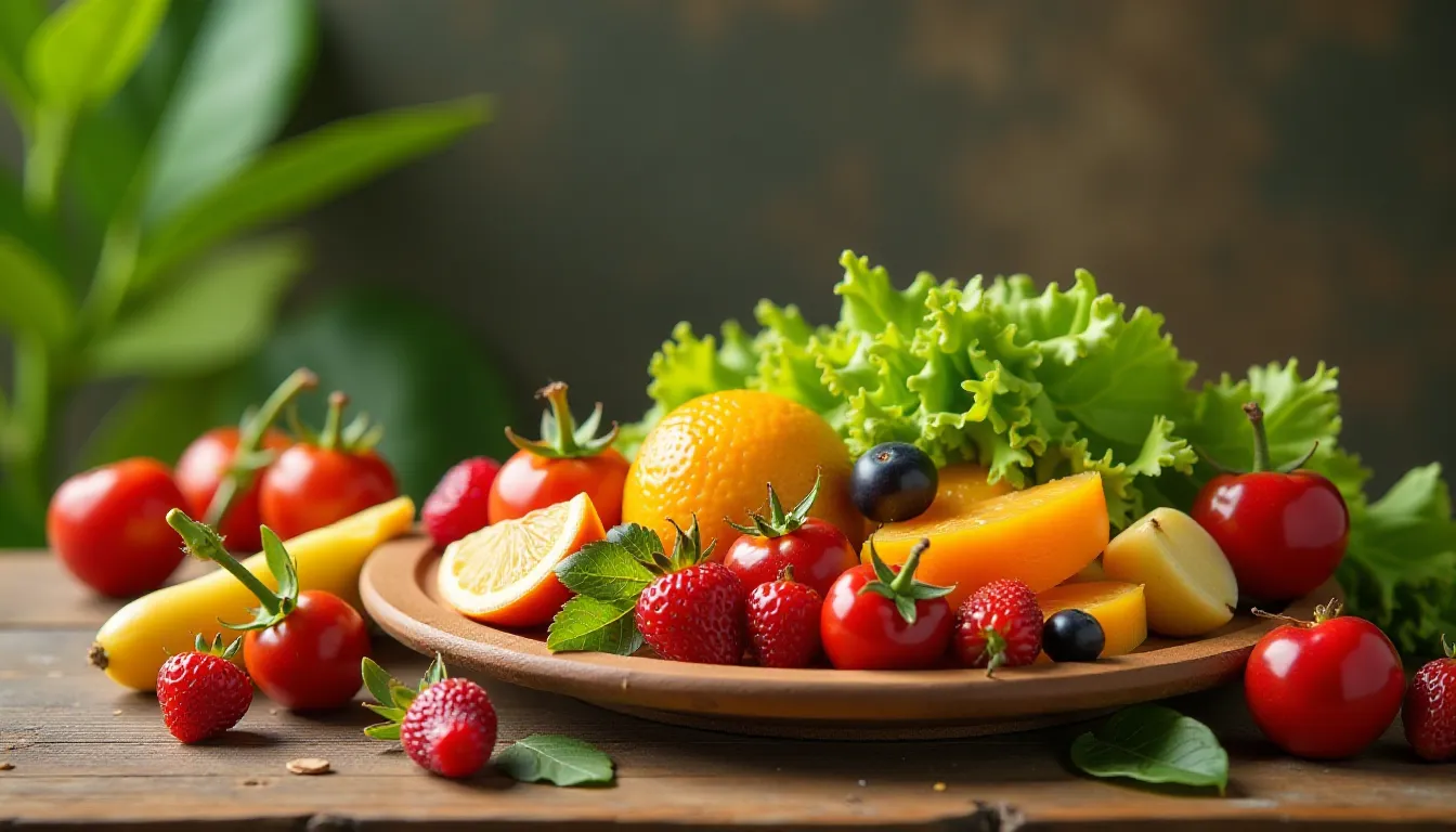 Prato de madeira com uma variedade colorida de frutas e vegetais frescos, incluindo morangos, tomates, laranja, mamão, banana, e folhas de alface, destacando opções saudáveis para uma alimentação balanceada.