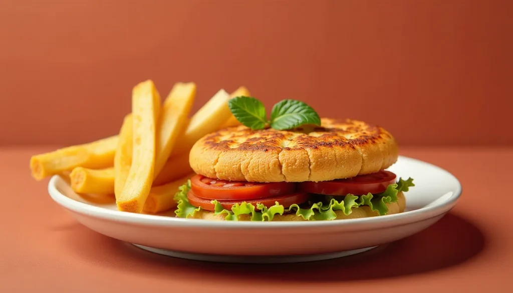 Sanduíche com recheio de alface, tomate e um pão dourado, acompanhado de batatas fritas crocantes em um prato branco, sobre um fundo laranja. Ideal para refeições rápidas e saborosas.