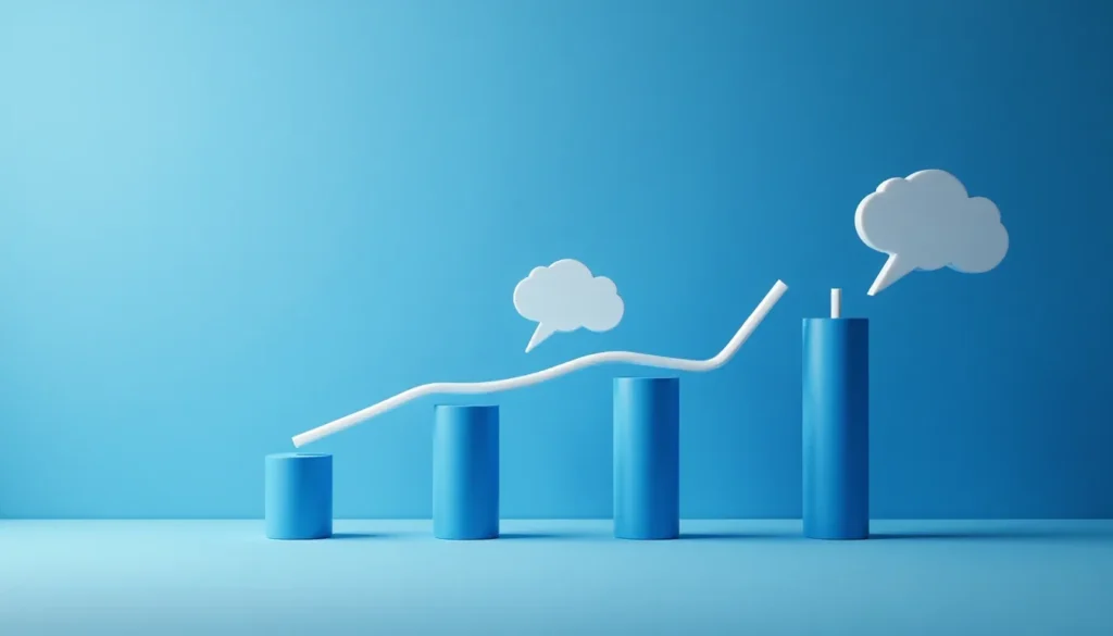 Gráfico ascendente em azul, representando crescimento, com colunas e linhas, acompanhadas de balões de diálogo representando comunicação e troca de ideias.