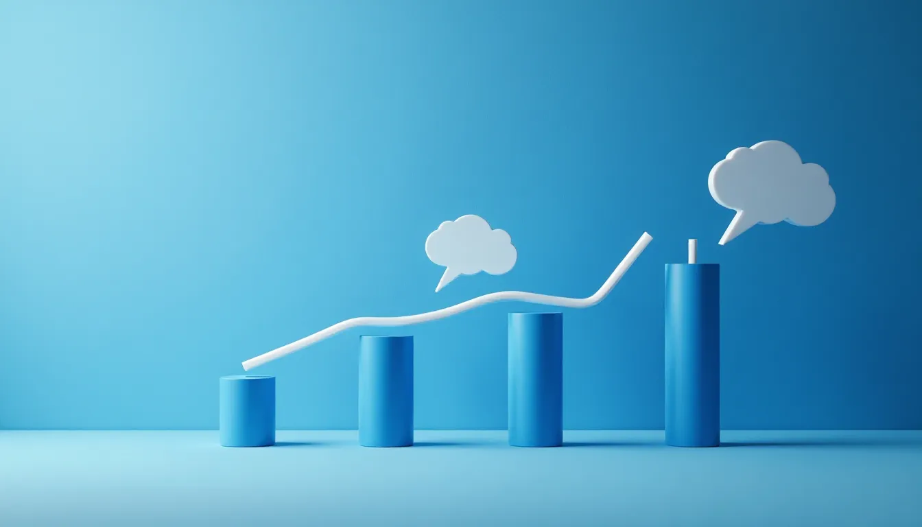 Gráfico ascendente em azul, representando crescimento, com colunas e linhas, acompanhadas de balões de diálogo representando comunicação e troca de ideias.
