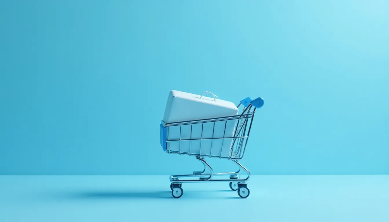 Carrinho de compras metálico azul com um objeto branco dentro, sobre um fundo azul claro, representando compras e comércio eletrônico.