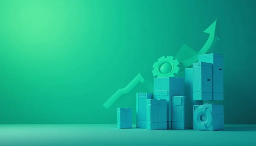 Conjunto de caixas e engrenagens em 3D em tons de verde, simbolizando crescimento e desenvolvimento empresarial, com uma seta apontando para cima ao fundo.