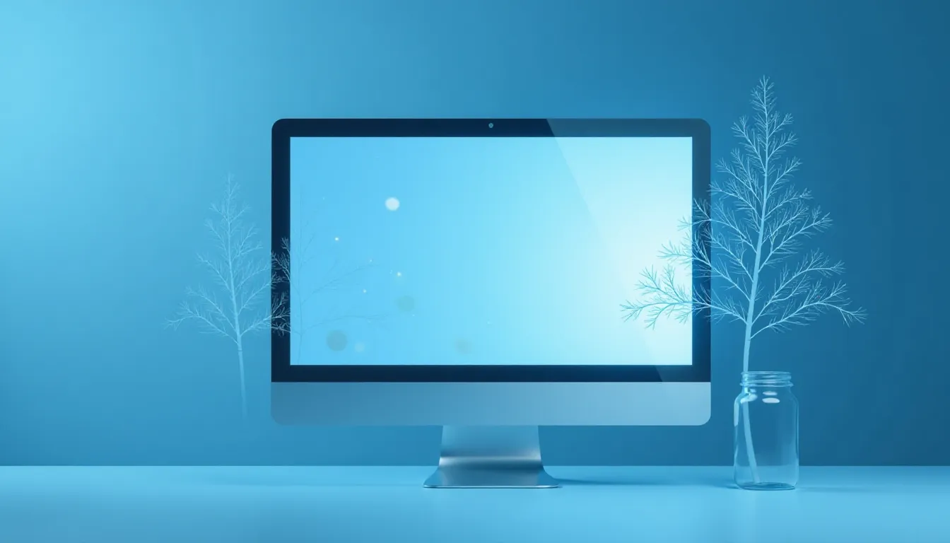 Computador moderno em uma mesa com fundo azul, apresentando uma tela limpa e árvores estilizadas ao fundo, simbolizando tecnologia e natureza.