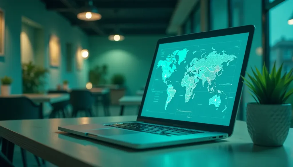 Notebook moderno com tela exibindo um mapa-múndi em um ambiente de café moderno. A decoração inclui plantas e iluminação suave, criando uma atmosfera aconchegante e propícia para trabalho ou estudo.