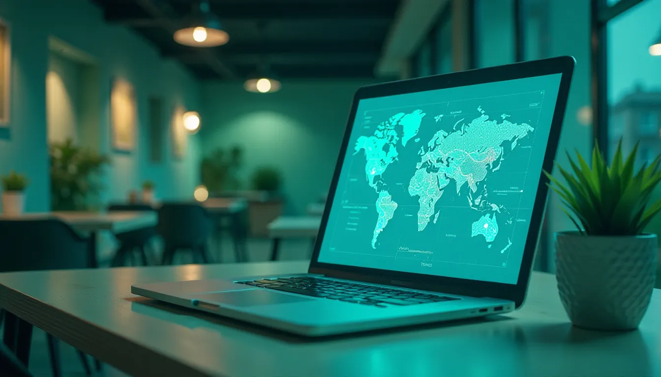 Notebook moderno com tela exibindo um mapa-múndi em um ambiente de café moderno. A decoração inclui plantas e iluminação suave, criando uma atmosfera aconchegante e propícia para trabalho ou estudo.