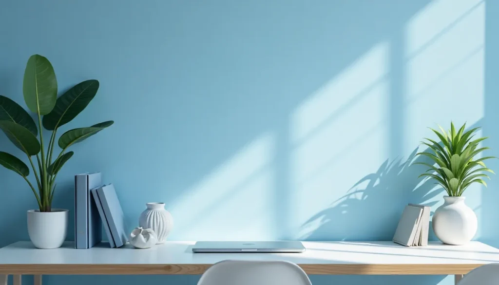 Escrivaninha minimalista com laptop, livros organizados, e plantas em vasos, contra uma parede azul clara, iluminada por luz natural.