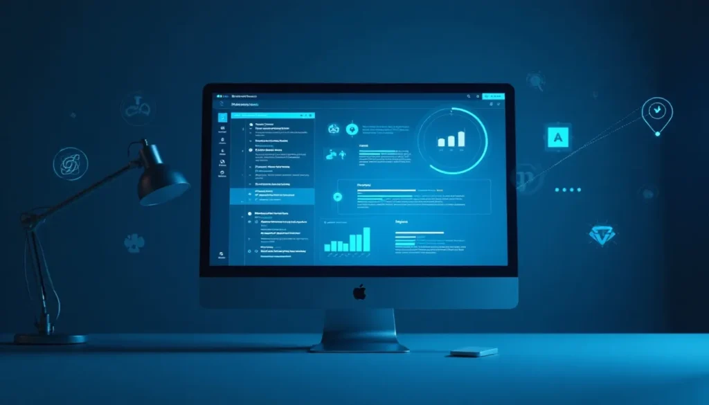 Computador desktop Apple mostrando uma interface de software com gráficos interativos, dados estatísticos e ícones em um fundo azul escuro. A imagem destaca a modernidade da tecnologia e a análise de dados. Perfeito para temas de design digital e negócios.