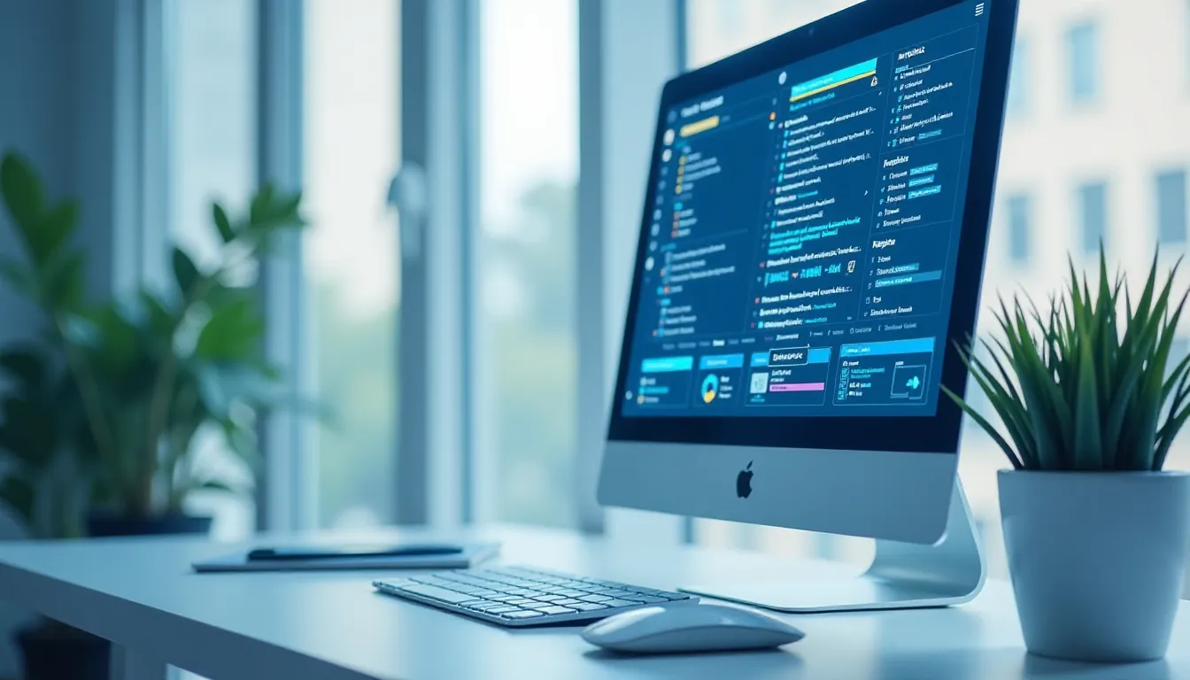 Computador Apple iMac em uma mesa de trabalho moderna, com tela exibindo interface de programação e um teclado e mouse ao lado, enquanto uma planta decorativa acrescenta um toque natural ao ambiente iluminado por grandes janelas.