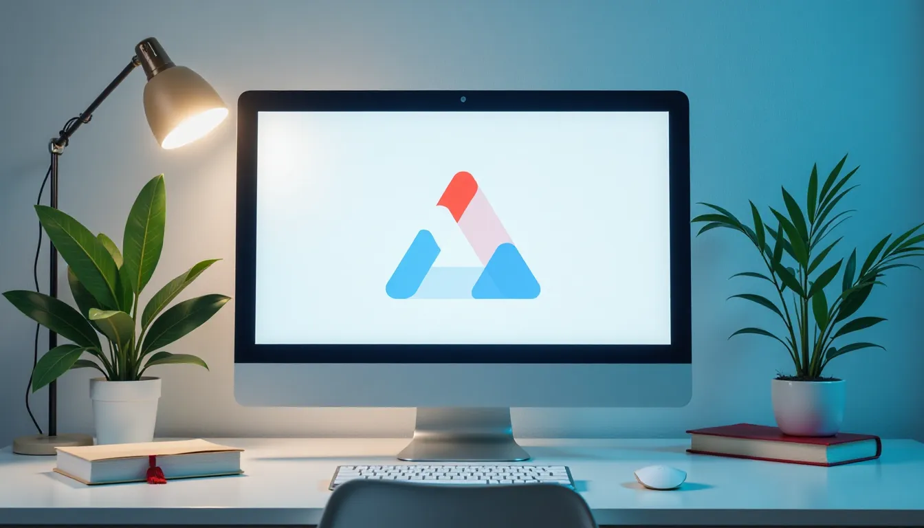 Ambiente de trabalho moderno com um computador de mesa mostrando um logotipo colorido, iluminado por uma lâmpada de mesa. Elementos decorativos incluem plantas em vasos e livros sobre a mesa, criando uma atmosfera tranquila e inspiradora.