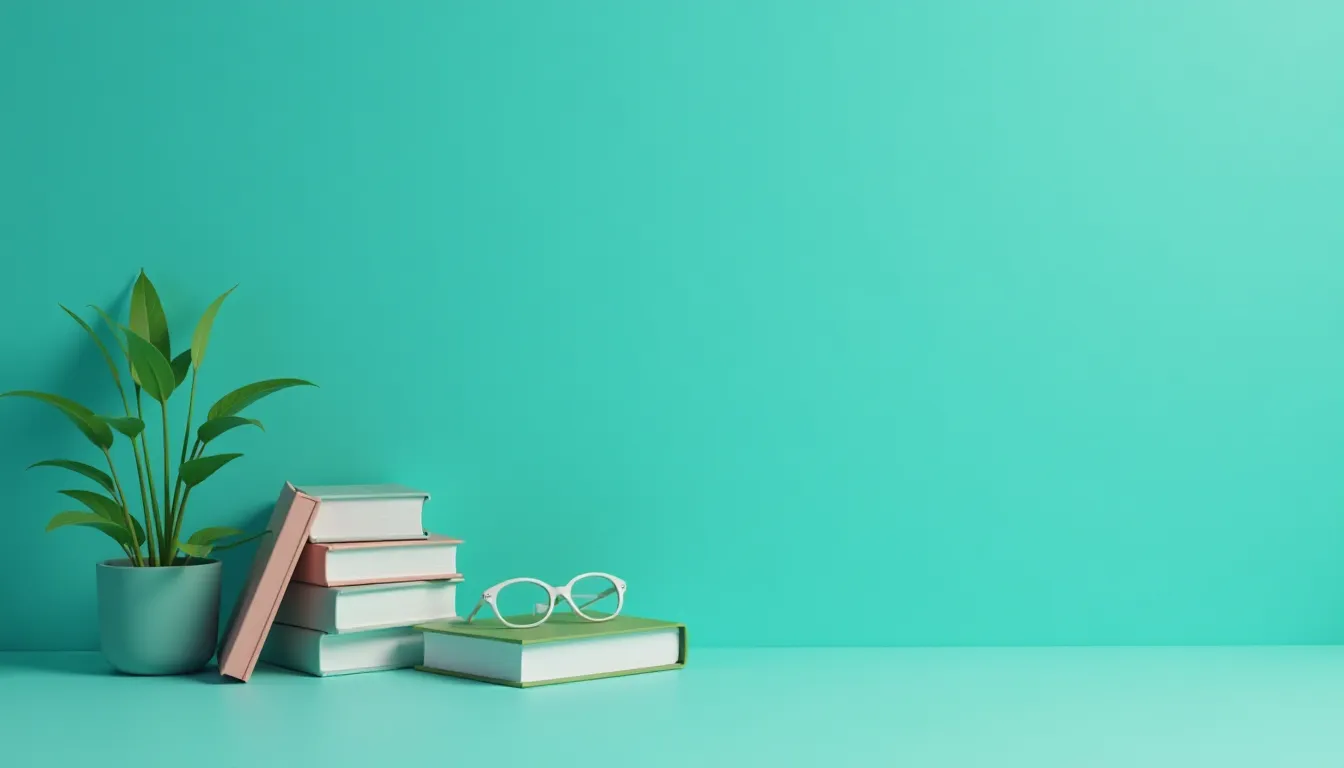 Livros empilhados em uma mesa com óculos de leitura e uma planta em vaso, em frente a uma parede turquoise. Ideal para temas de estudo, leitura e decoração de ambientes.