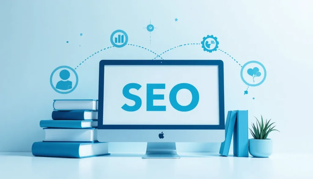 Imagem de um computador de mesa mostrando a palavra "SEO" em destaque, cercado por ícones relacionados a estatísticas, interação e desenvolvimento, com pilhas de livros e uma planta ao lado, representando a importância do SEO para negócios e marketing digital.