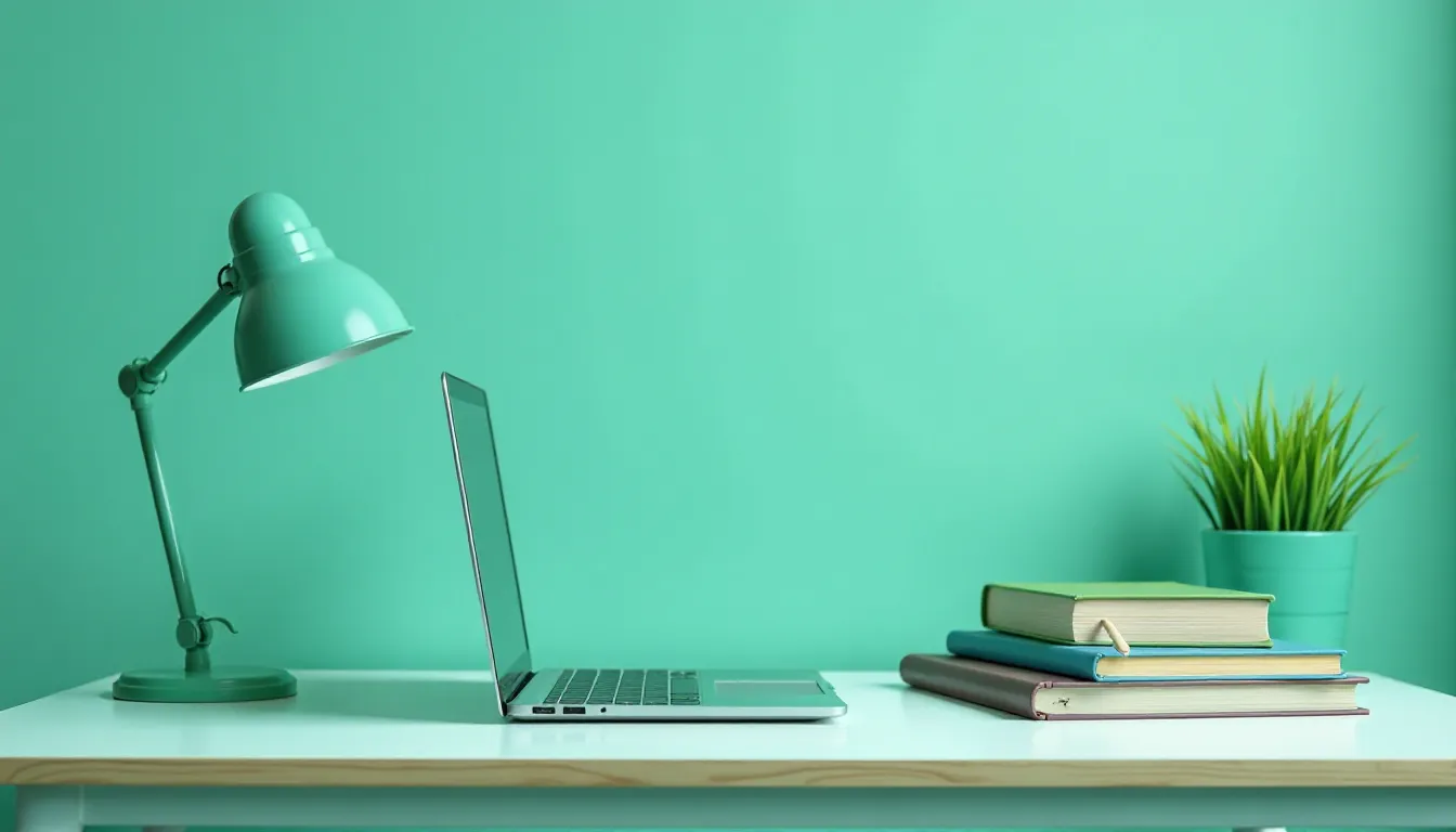 Mesa de trabalho minimalista com laptop prateado, lápis, livros empilhados e uma planta em vaso, em um ambiente com parede verde menta. A iluminação é fornecida por uma lâmpada de mesa verde.