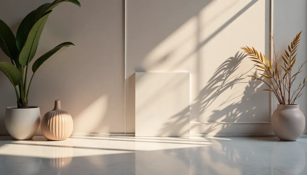 Ambiente com luz natural destacando um espaço minimalista, com plantas em vasos, uma superfície clara e sombras suaves projetadas na parede. O design é moderno e acolhedor, ideal para decoração de interiores.