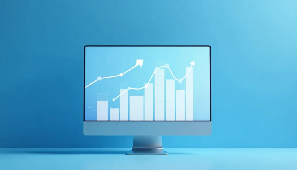 Gráfico de crescimento exibido em um monitor, com barras e linhas ascendentes sobre um fundo azul, ilustrando tendências e desempenho de dados.