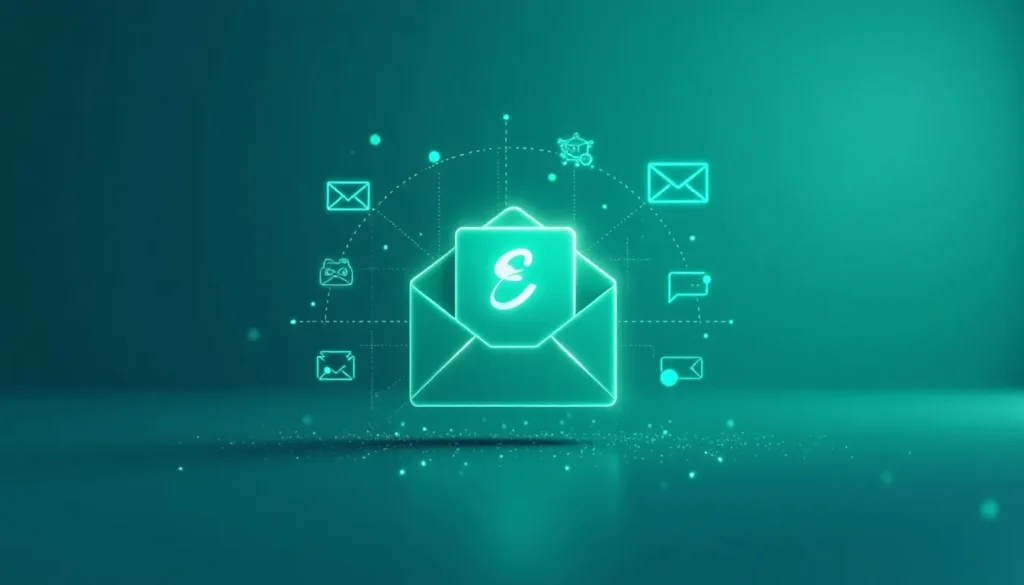 Ícone luminoso de um envelope com a letra "E" representando e-mails, rodeado por diferentes símbolos de mensagens, em fundo verde. Ideal para ilustrar comunicação digital e serviços de e-mail.