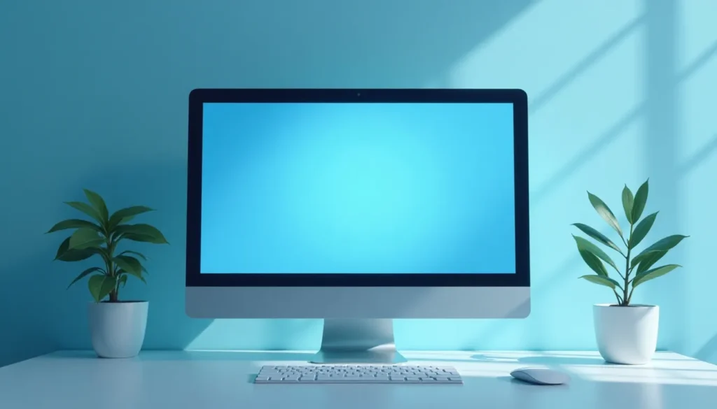 Computador moderno com tela azul em um ambiente minimalista, ladeado por plantas em vasos brancos, enfatizando um escritório elegante e inspirador.