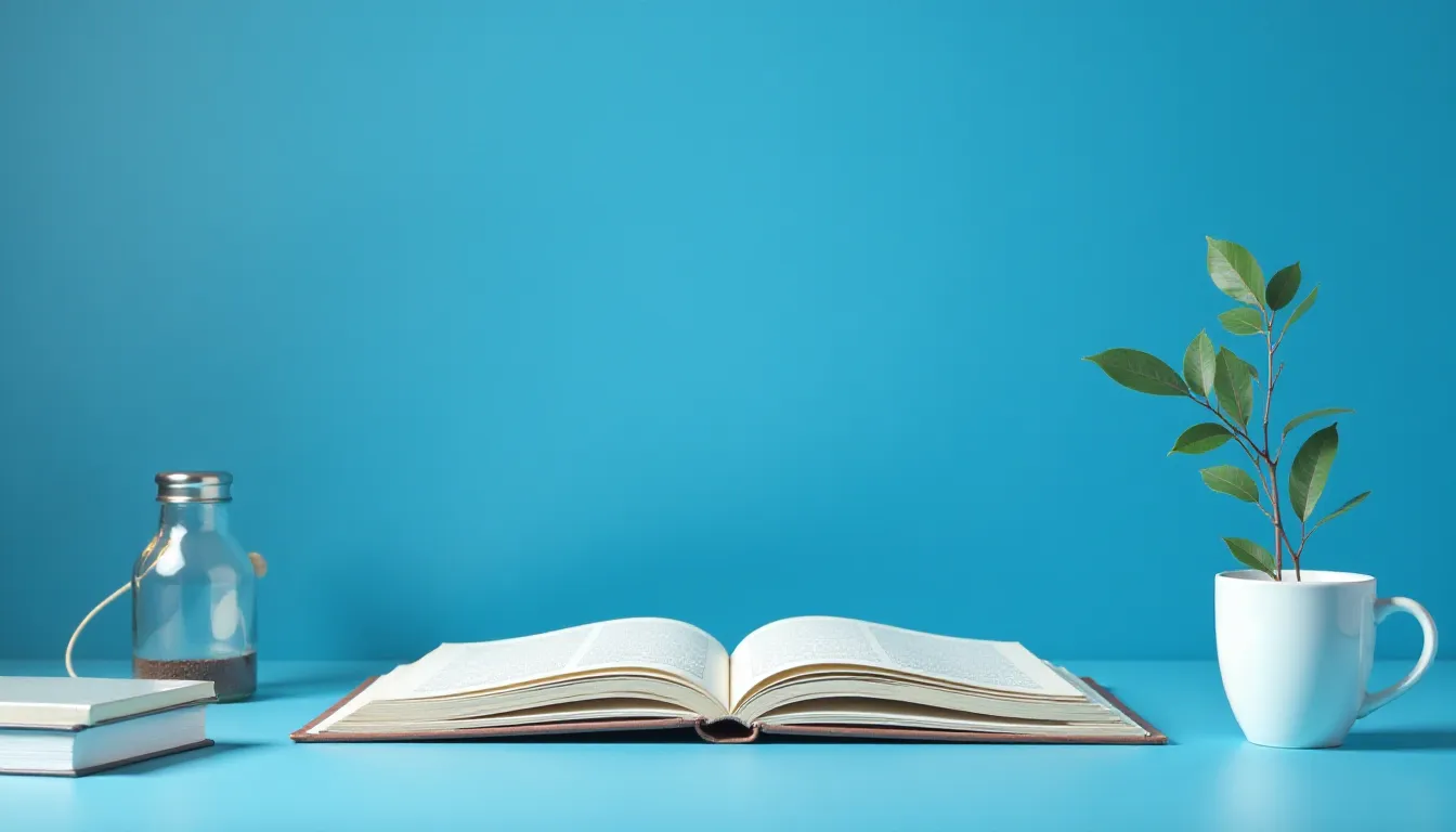 Livro aberto sobre mesa azul, com um vaso branco contendo folhas verdes e um frasco de vidro ao lado, criando um ambiente de estudo inspirador.