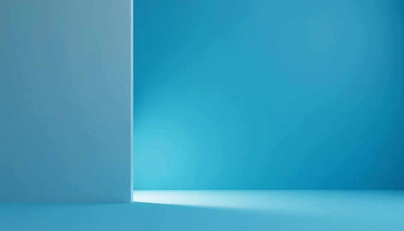 Ambiente minimalista com parede e chão azuis, destacando a luminosidade que entra pela abertura. Ideal para conceito de design moderno e decoração.